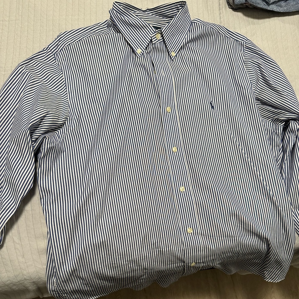 Polo Ralph Lauren Blue and White Lined Button Down Polo, size 16 33X33 Large.